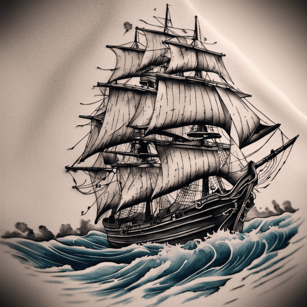 Alt text: A black and white illustration of a detailed tall ship with multiple sails open, riding on ocean waves.