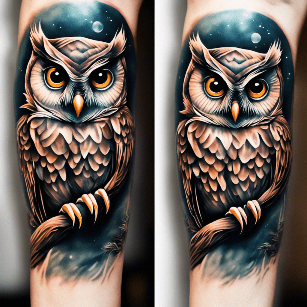 Alt text: A vibrant tattoo of an owl with intricate details, displayed on a person's arm. The owl is depicted with a moon and stars in the background, suggesting a nighttime theme. The tattoo features rich colors and realistic shading.