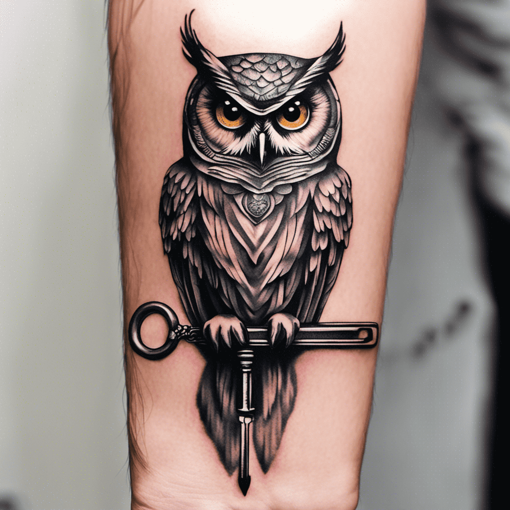 Alt text: A realistic tattoo of an owl with detailed feathers perched on an antique key, inked on someone's arm.