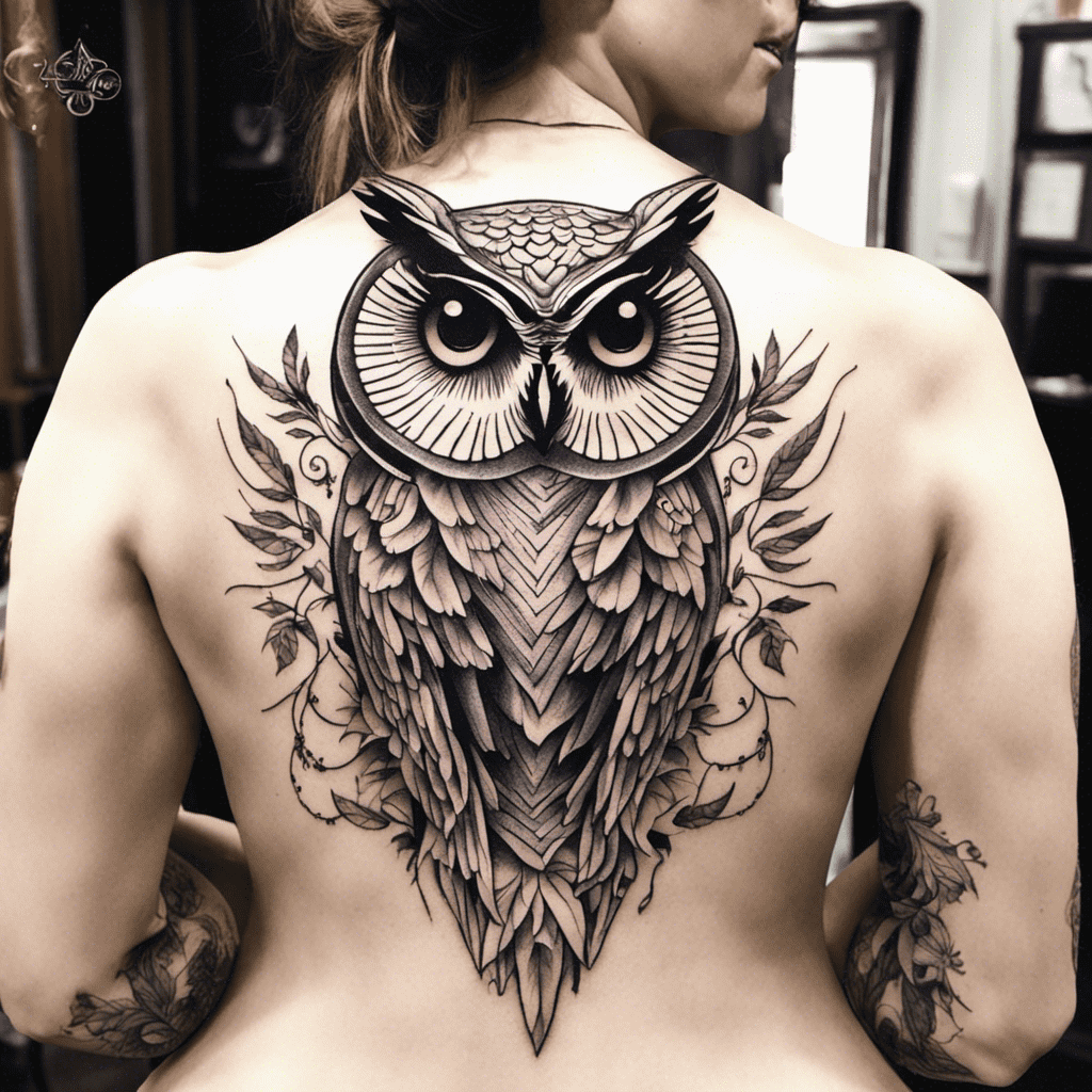 An intricate black-ink tattoo of an owl with detailed feathers covering a person's back.