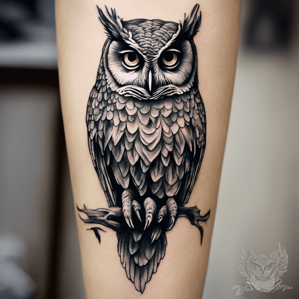 Alt text: A black and gray tattoo of an owl perched on a branch, inked on someone's leg.