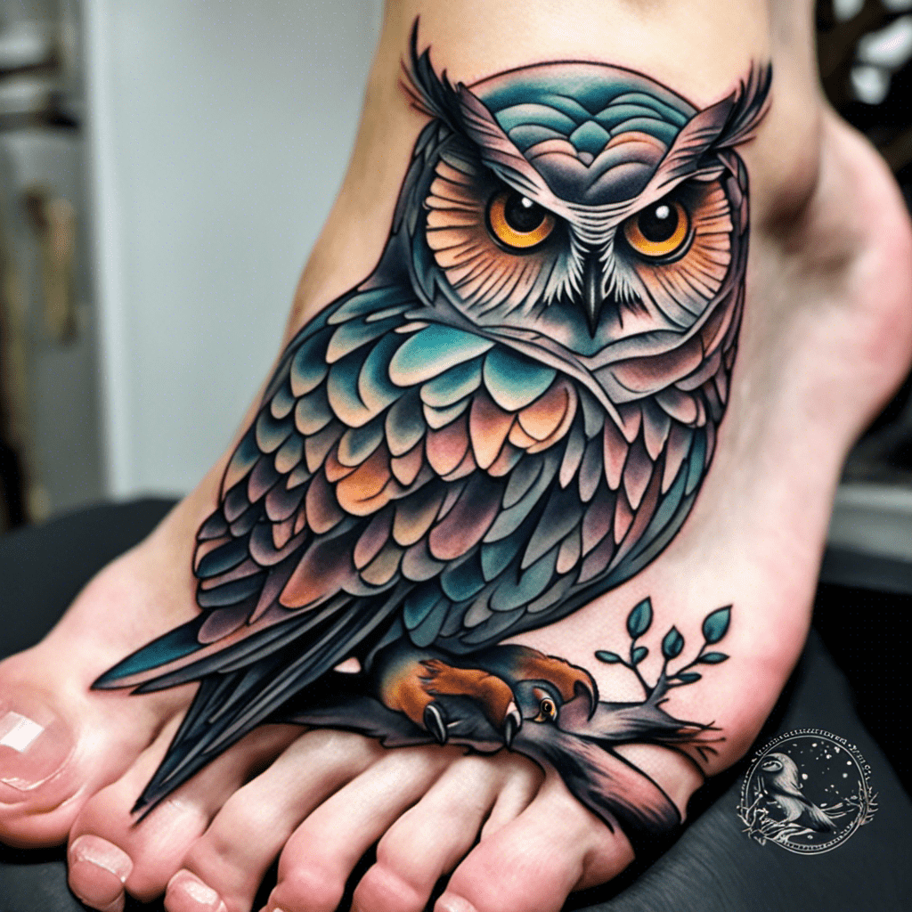 A colorful tattoo of an owl perched on a branch, inked on a person's foot.