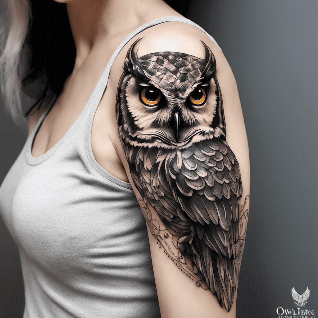 Alt text: A detailed tattoo of an owl with intricate feather patterns and striking eyes on a person's upper arm.