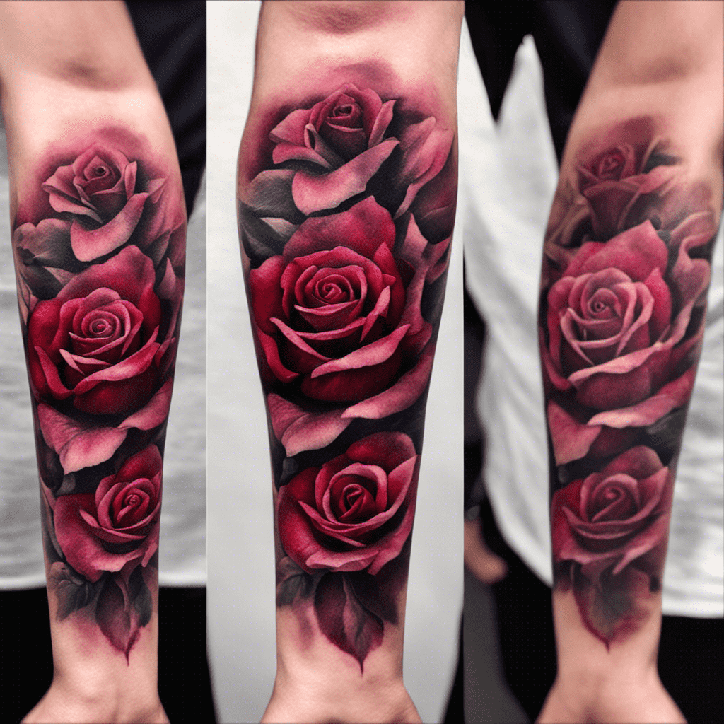 Alt text: A detailed tattoo of red roses with shaded petals covering someone's forearm, displayed in three angles.