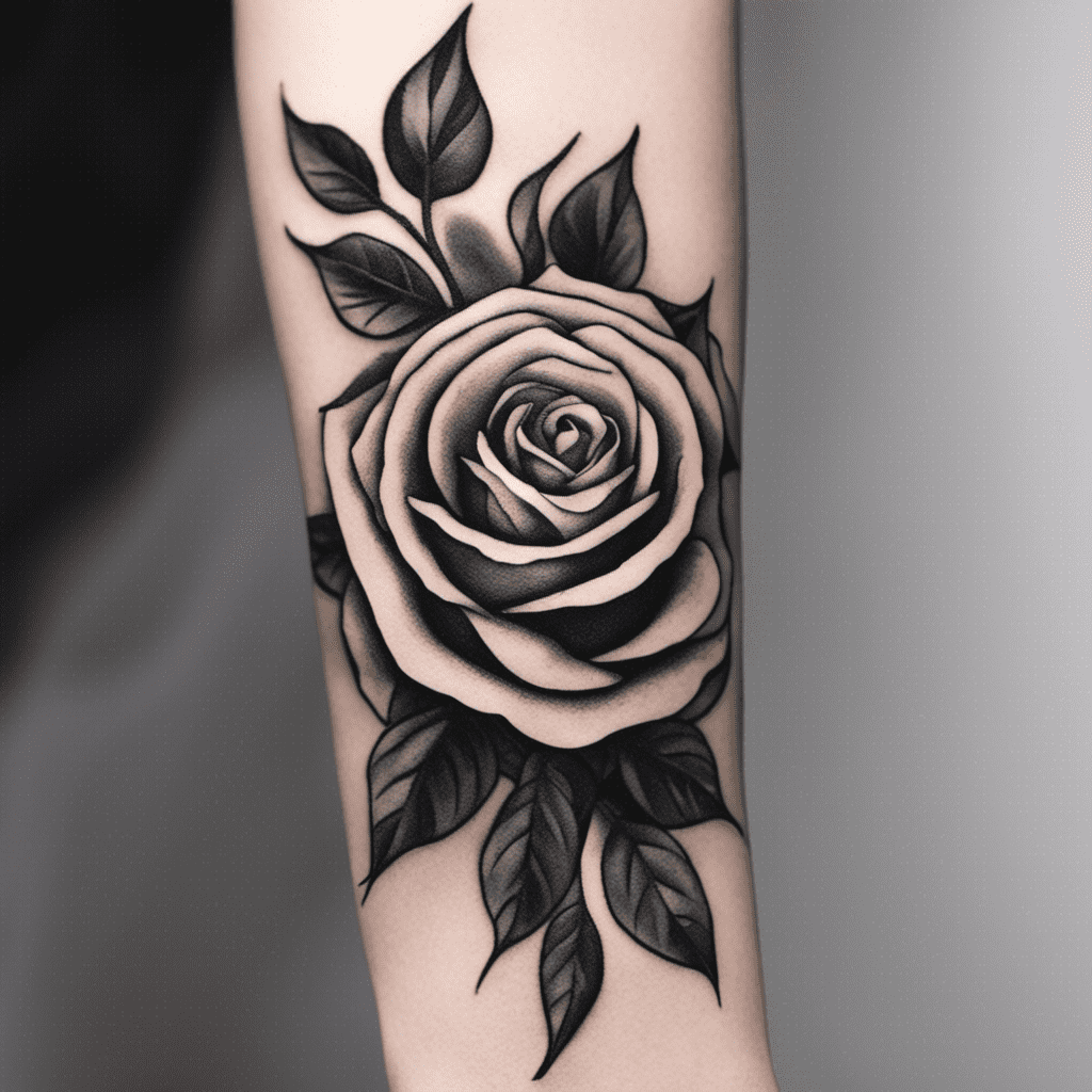 A black and white tattoo of a large, detailed rose with leaves on someone's arm.