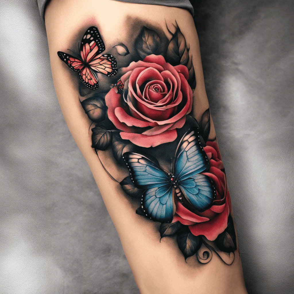 Alt text: A tattoo of a large red rose and two butterflies in shades of orange and blue inked on someone's arm. The design includes detailed shading and realistic color gradients.