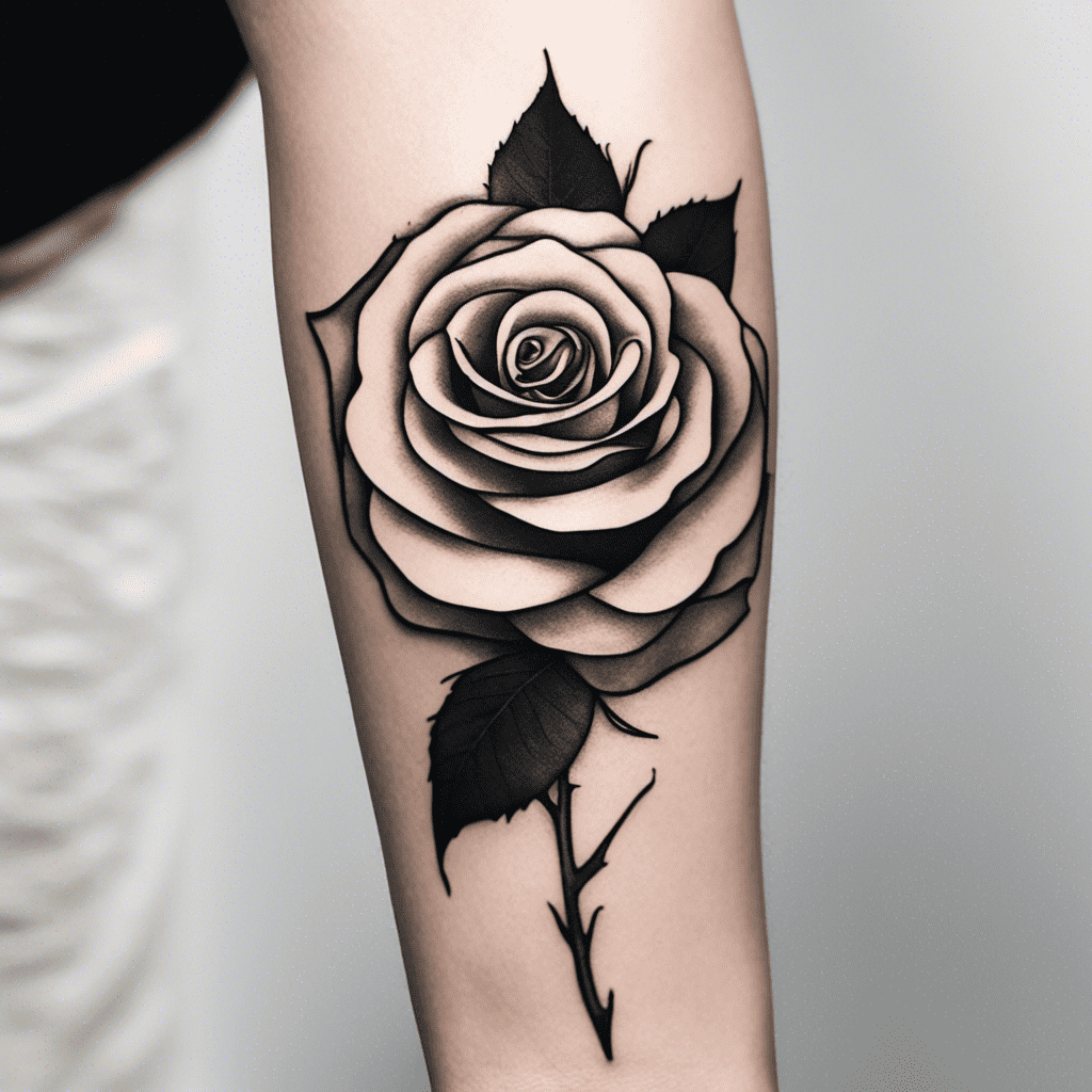 A black and gray tattoo of a detailed rose on a person's arm.
