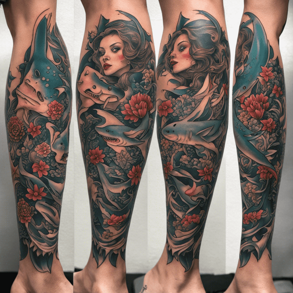 A detailed and colorful full sleeve tattoo featuring an underwater theme with sharks, fish, and flowers, showcased on an arm in four different angles.