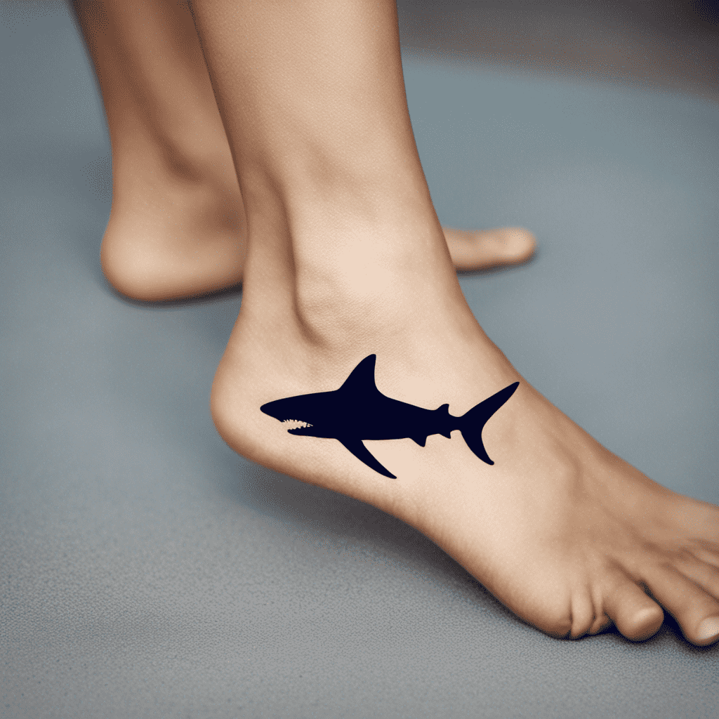 Alt text: A person's bare feet on a smooth surface with a black shark silhouette tattoo on one of the ankles.