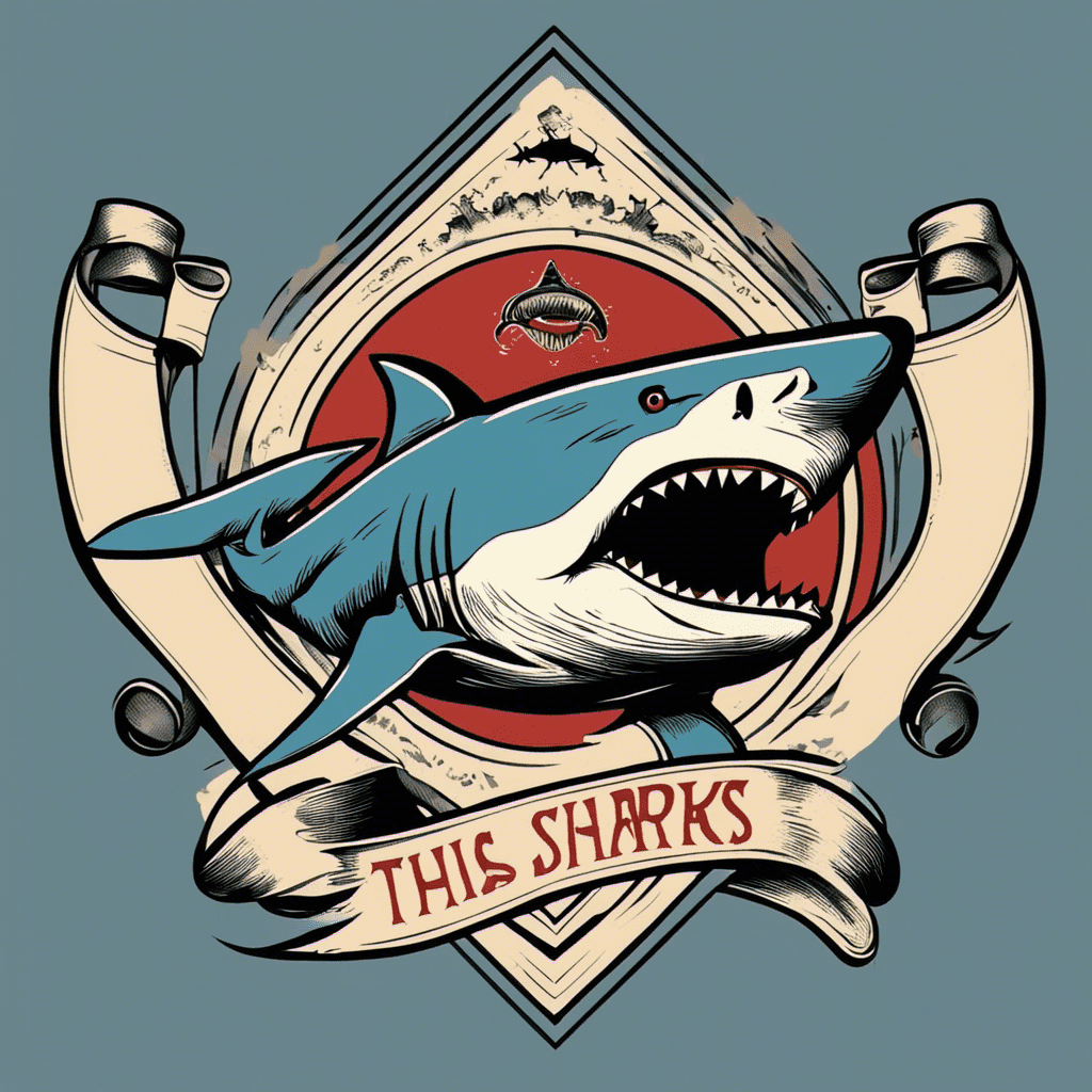 Retro style illustration featuring a ferocious shark bursting through a heraldic crest, surrounded by diving equipment, with a banner reading "THIS SHARKS" below it.