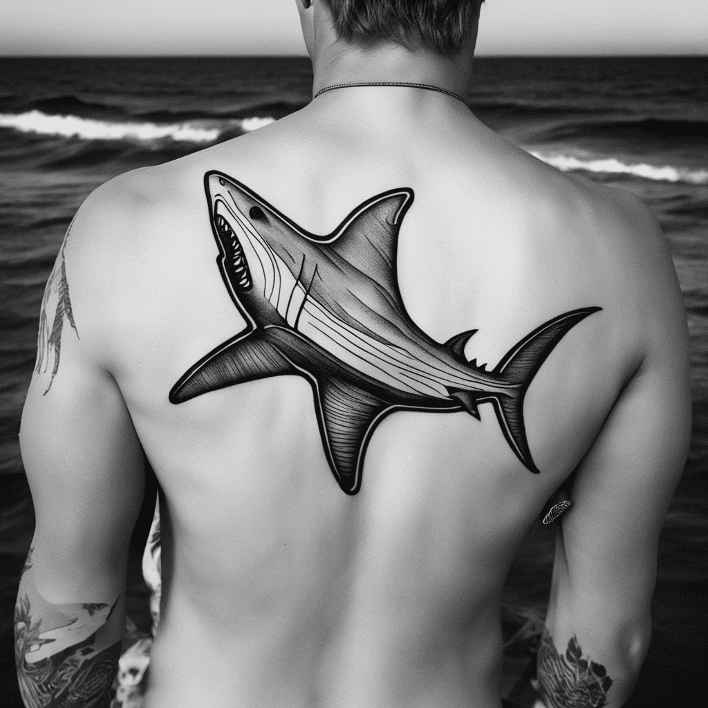 A black and white photograph showing the back of a person with a large, detailed shark tattoo centered on their upper back, with the ocean visible in the background.