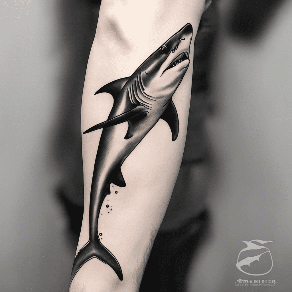 A black and white realistic tattoo of a shark on a person's arm.