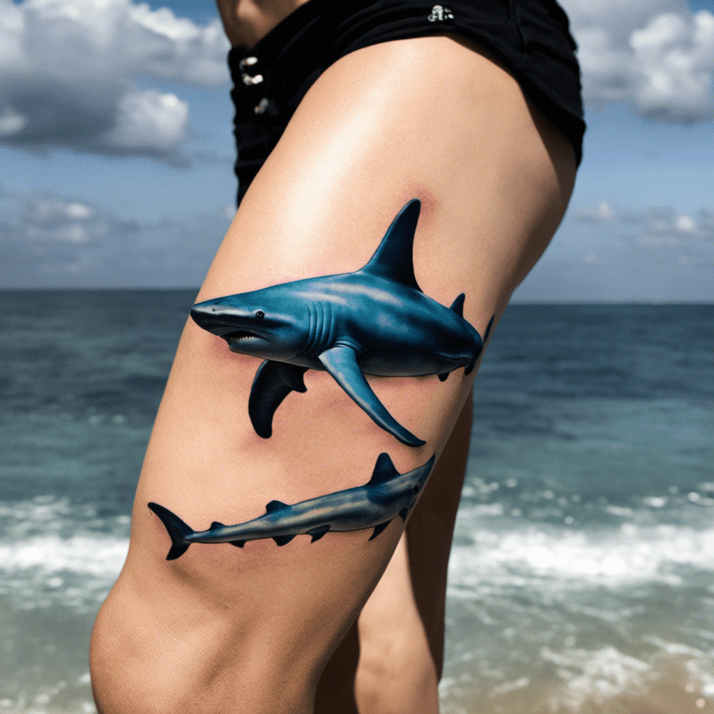 Alt text: A realistic tattoo of two sharks on a person's thigh, with the ocean and sky in the background.