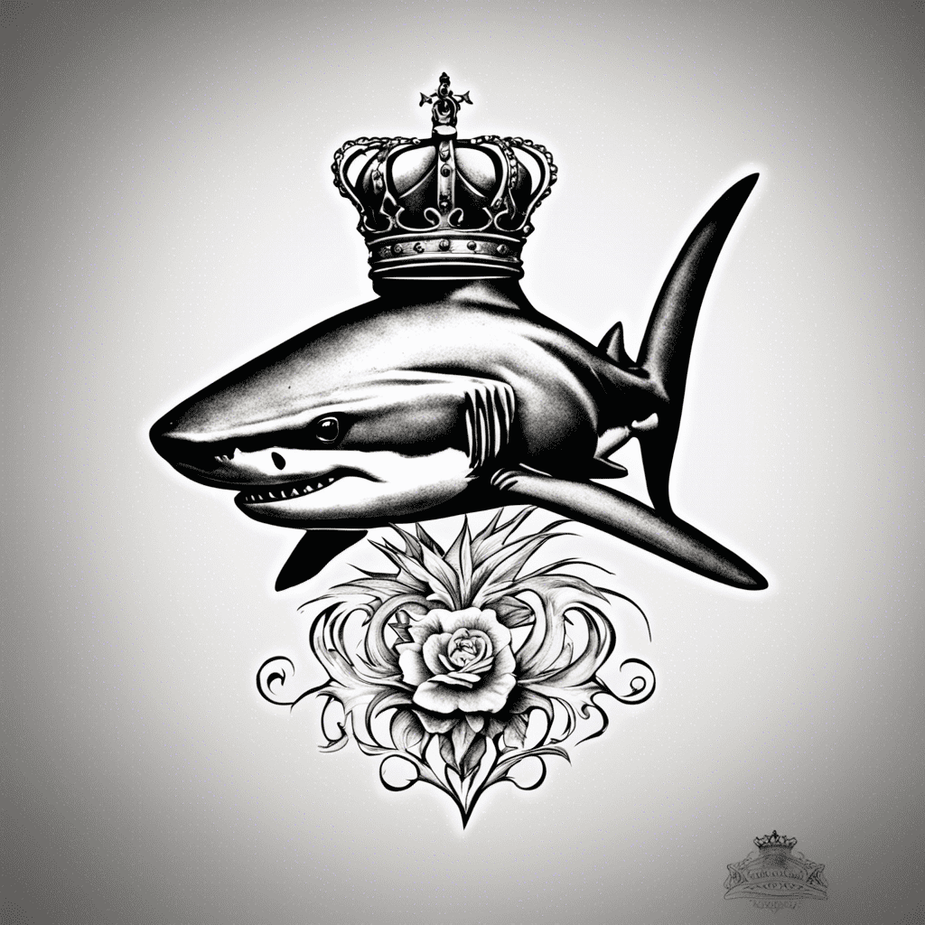 "Black and white graphic of a shark with a crown on its head above a stylized heart adorned with a rose and decorative flourishes."