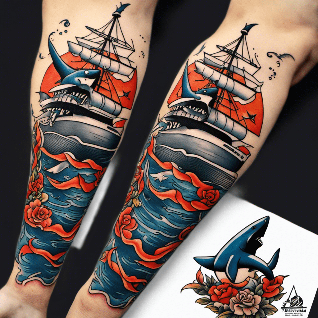 Alt text: A vibrant nautical-themed tattoo featuring a sailing ship on rough seas with a shark, red roses, and a bright red background, covering the length of a person's forearm.