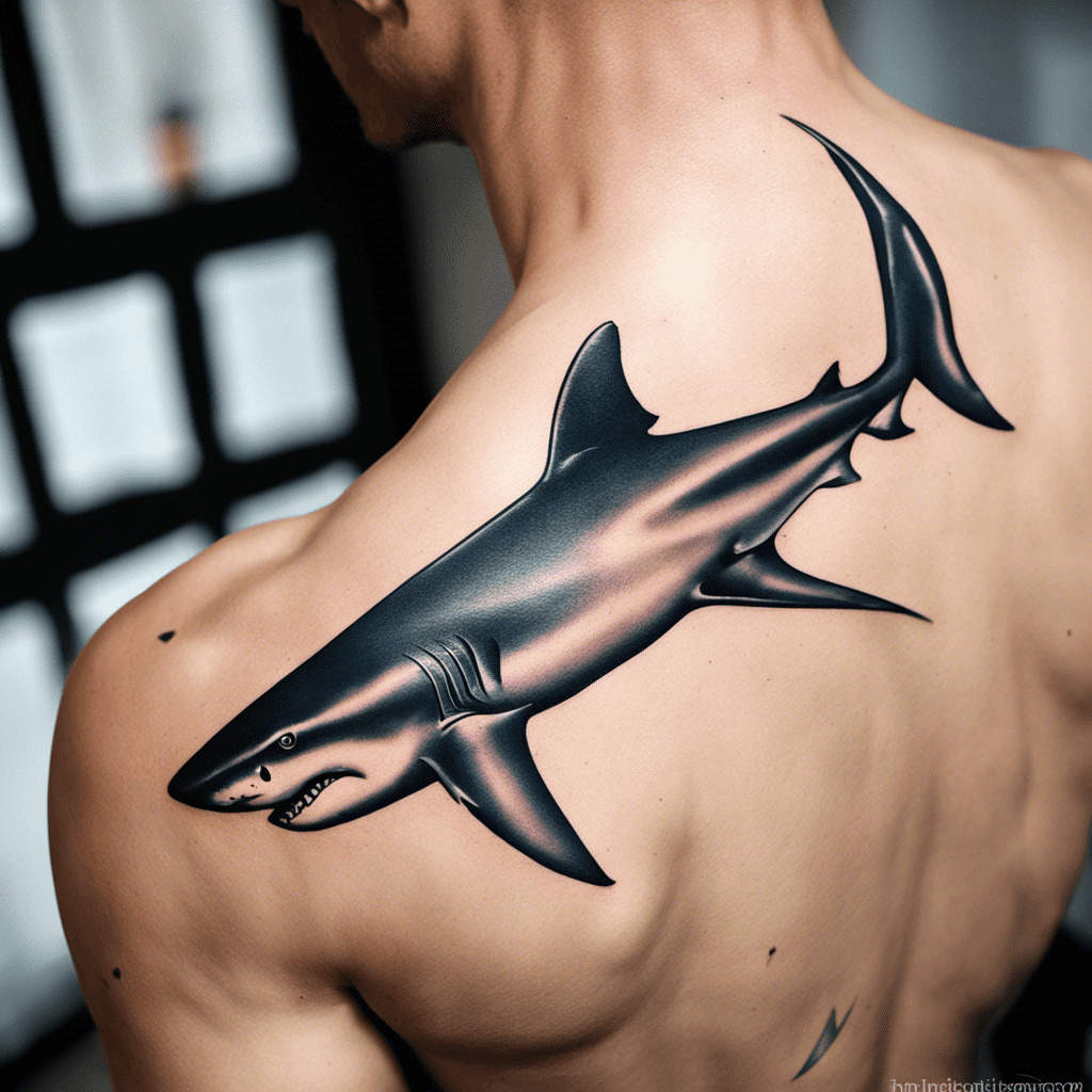 A realistic shark tattoo on a person's shoulder and upper arm.