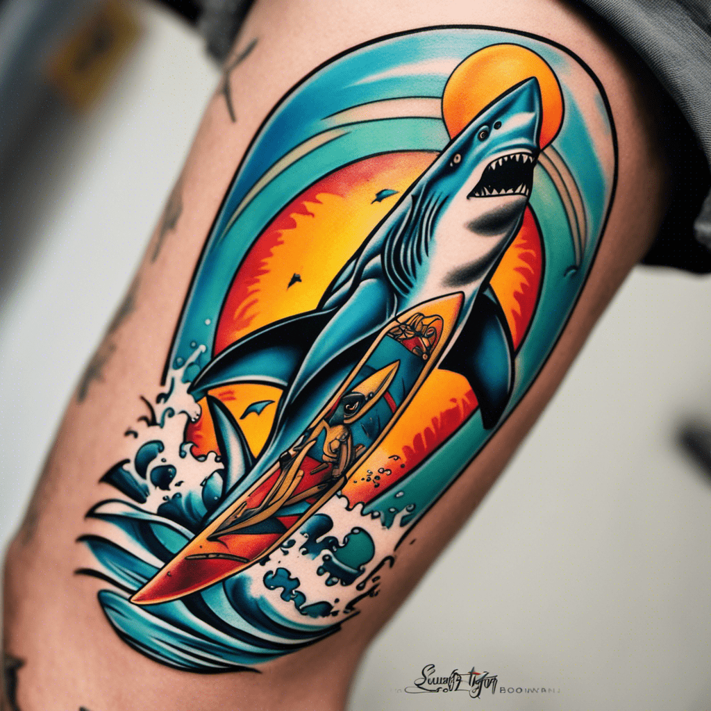 Colorful traditional-style tattoo on a person's arm depicting a shark and a surfer on a wave with a stylized sun in the background.