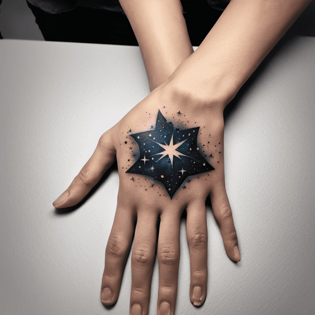 A hand with a realistic black and blue star tattoo on the back, featuring a sparkling effect and small dots scattered around it to resemble stardust.