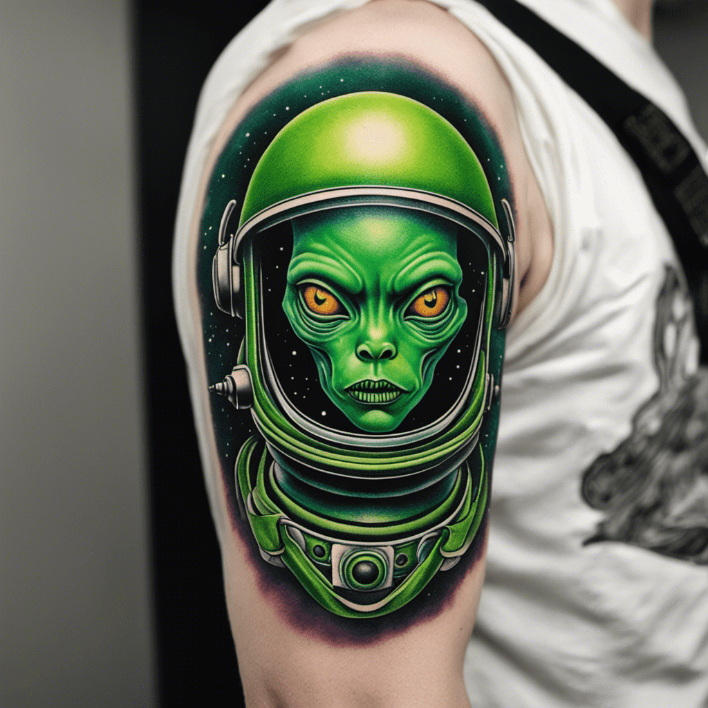 A detailed tattoo of an alien wearing a space helmet on someone's upper arm.