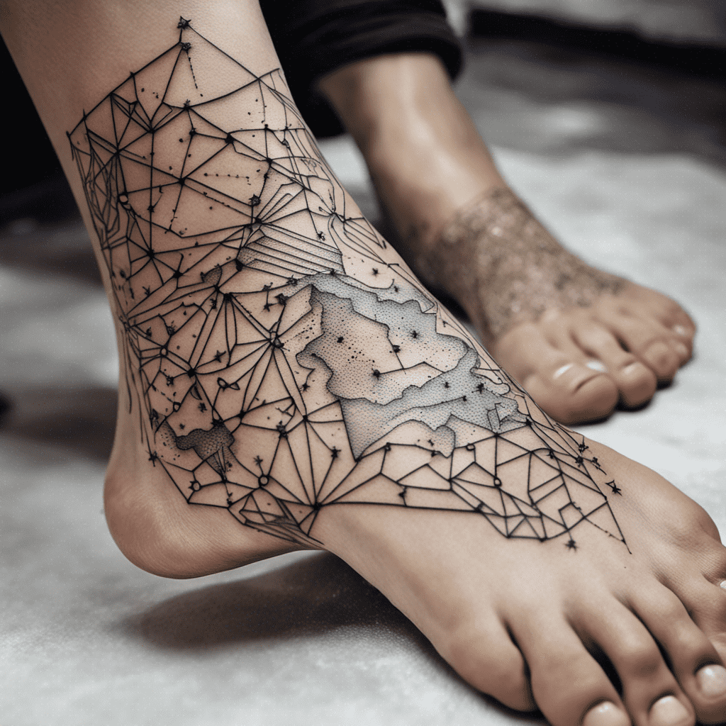 A person's ankles and feet with geometric pattern tattoos.