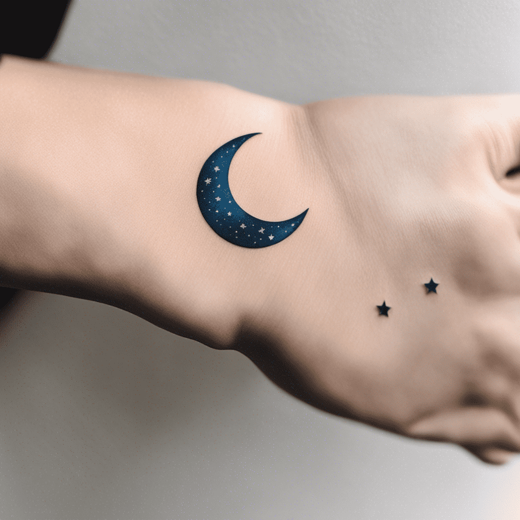 Alt text: A tattoo of a crescent moon adorned with small stars on someone's wrist, set against a neutral background.