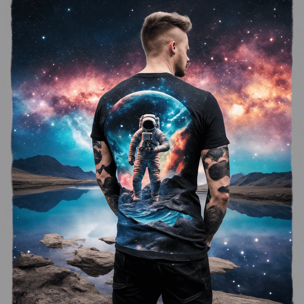 Man with tattoos standing with his back towards the camera, wearing a T-shirt with a cosmic print featuring an astronaut and stars, against a backdrop of a starry night sky reflected in a tranquil lake.