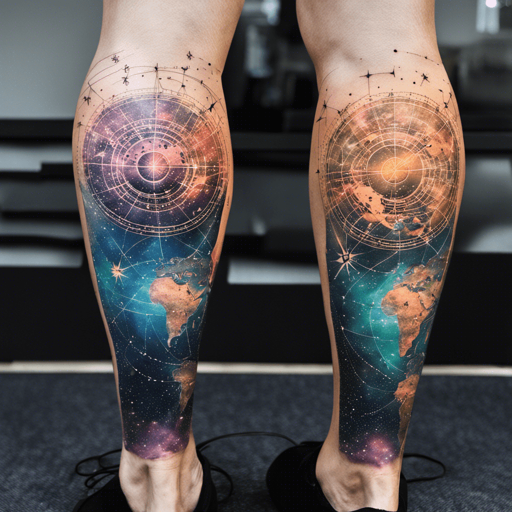 Alt text: A person’s legs with detailed galaxy-themed tattoos, featuring celestial navigation motifs and vibrant cosmic imagery.