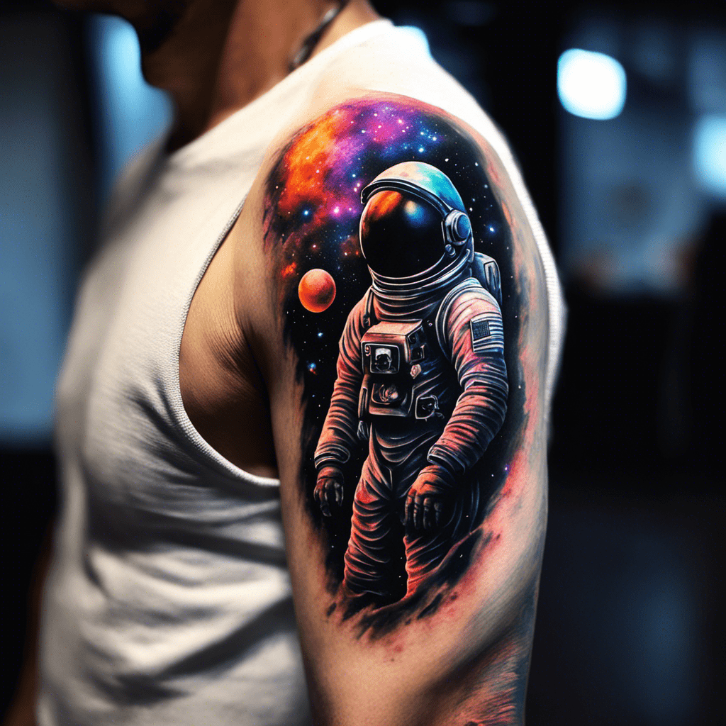 Alt text: A detailed and colorful tattoo of an astronaut against a cosmic background with stars and planets on a person's upper arm.