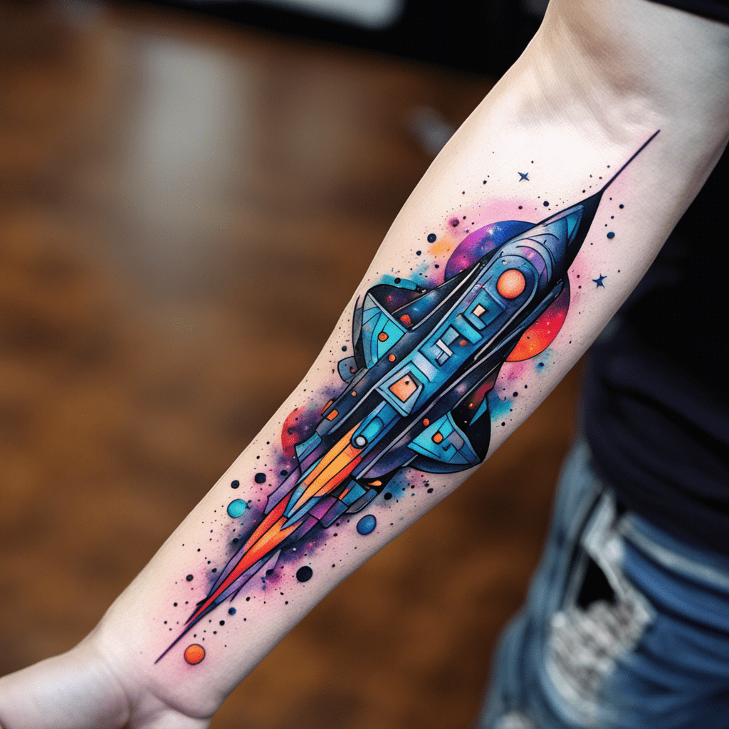 A colorful and artistic tattoo of a spaceship with vibrant hues and cosmic elements on someone's forearm.