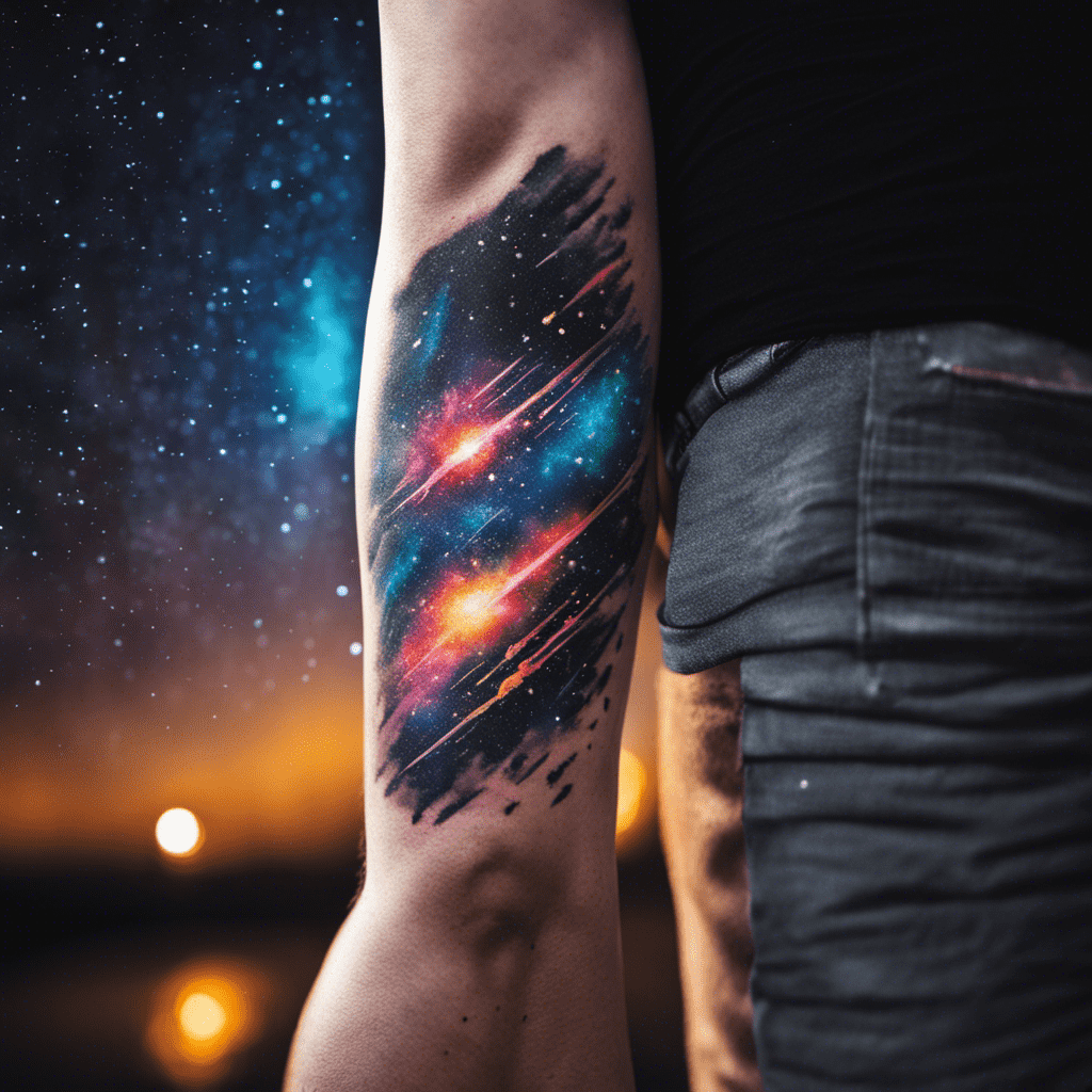 A person showing off a colorful galaxy-themed tattoo on their arm, against a twilight sky with stars.