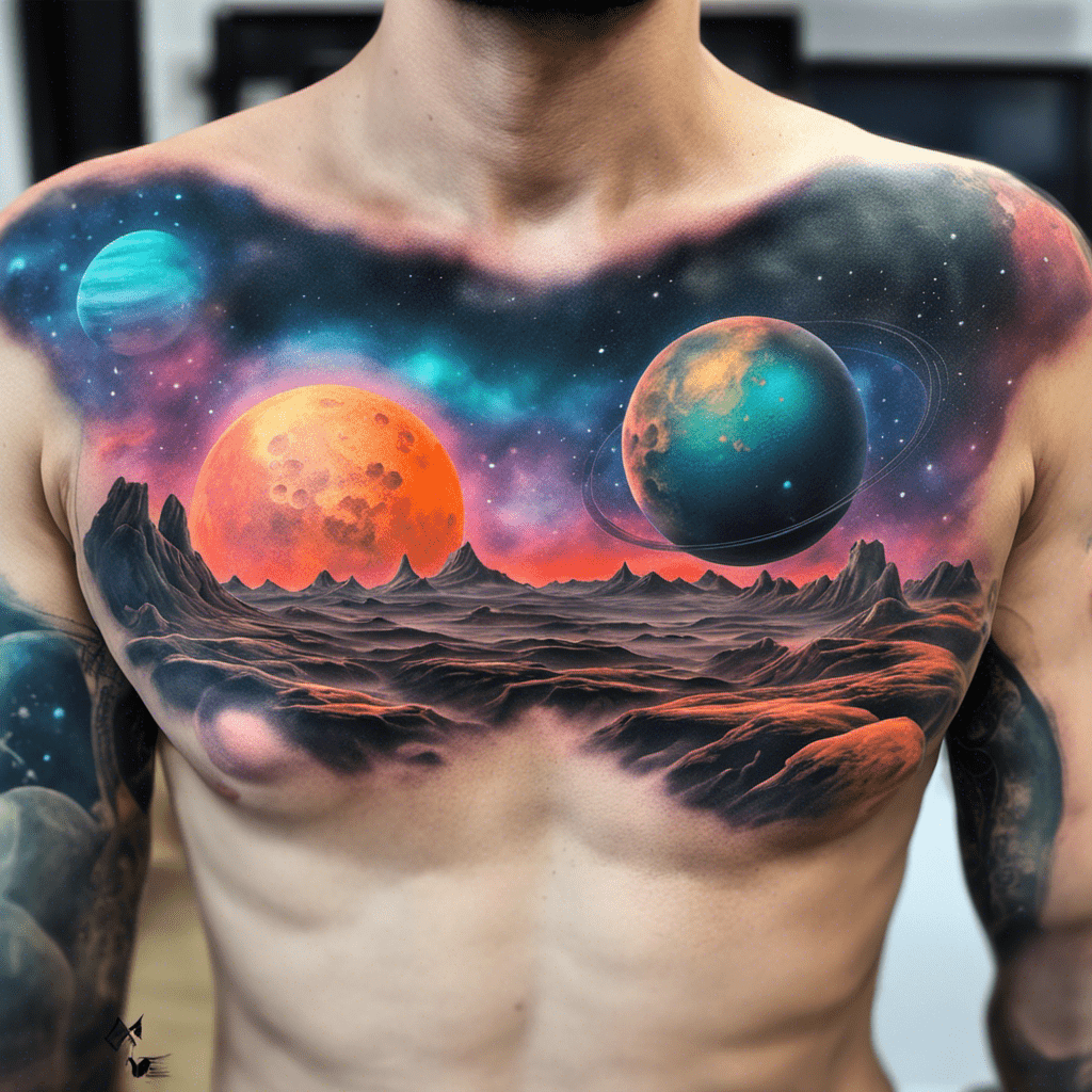 Alt text: A detailed tattoo covering a person's chest and upper arms, featuring a vibrant cosmic scene with planets, stars, and a colorful nebula above a rocky alien landscape.