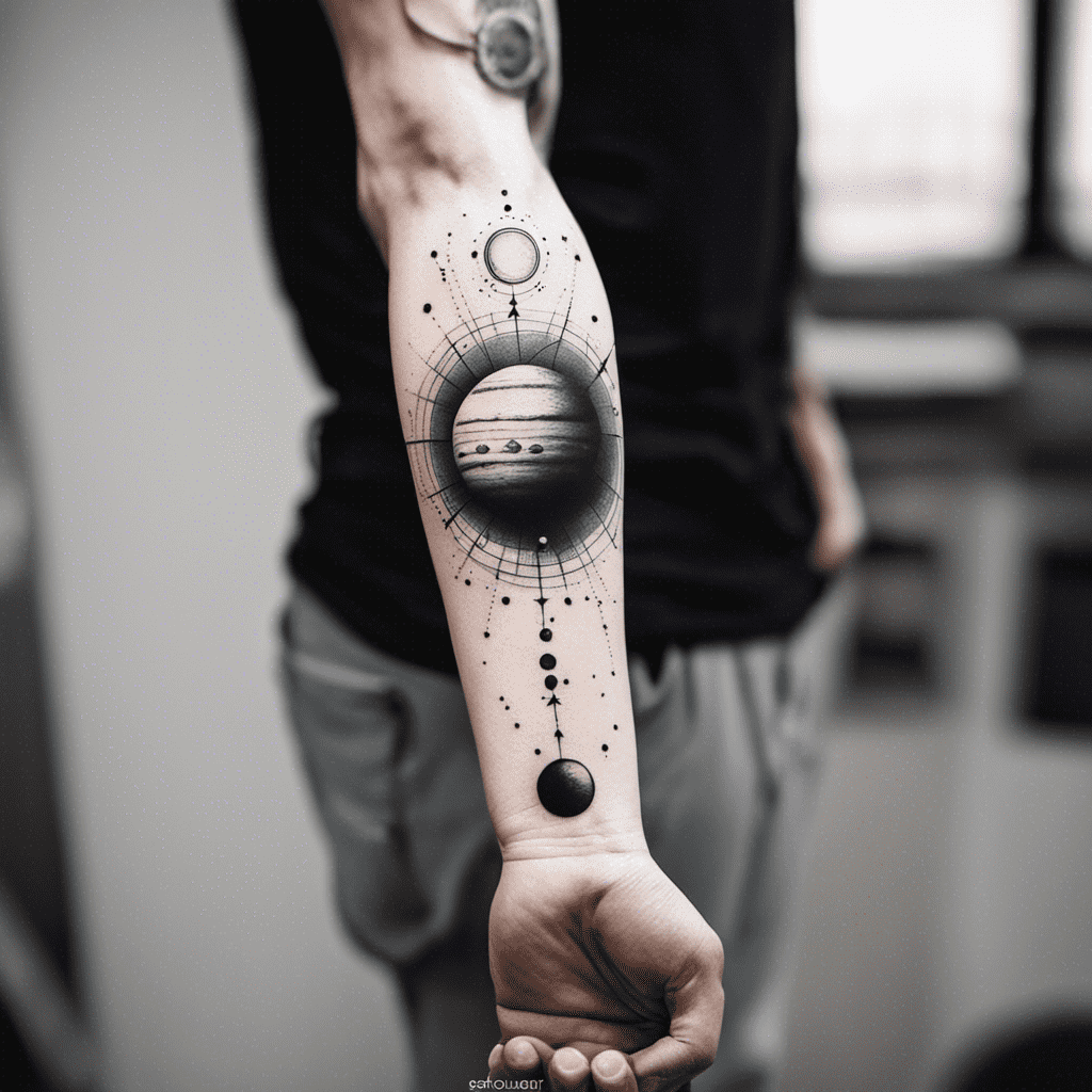 An arm with a detailed black and white tattoo depicting a solar system with planets aligned along the person's inner forearm.
