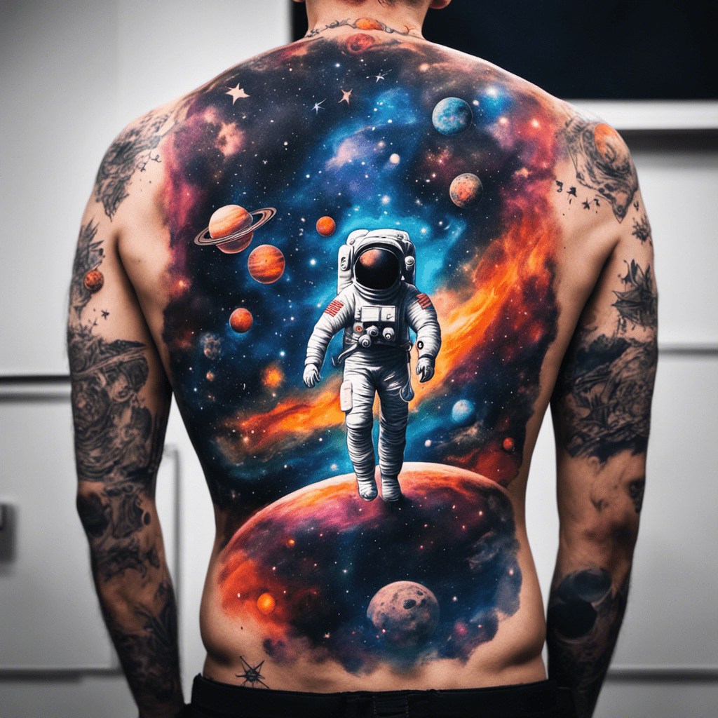 A person with an elaborate cosmic-themed tattoo covering their back, featuring an astronaut, planets, and stars.