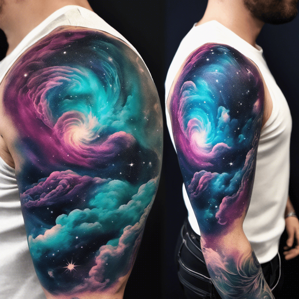 A vibrant galaxy-themed tattoo covering the entire sleeve of a person's arm, with swirling clouds, stars, and nebulae in purples, blues, and pinks.