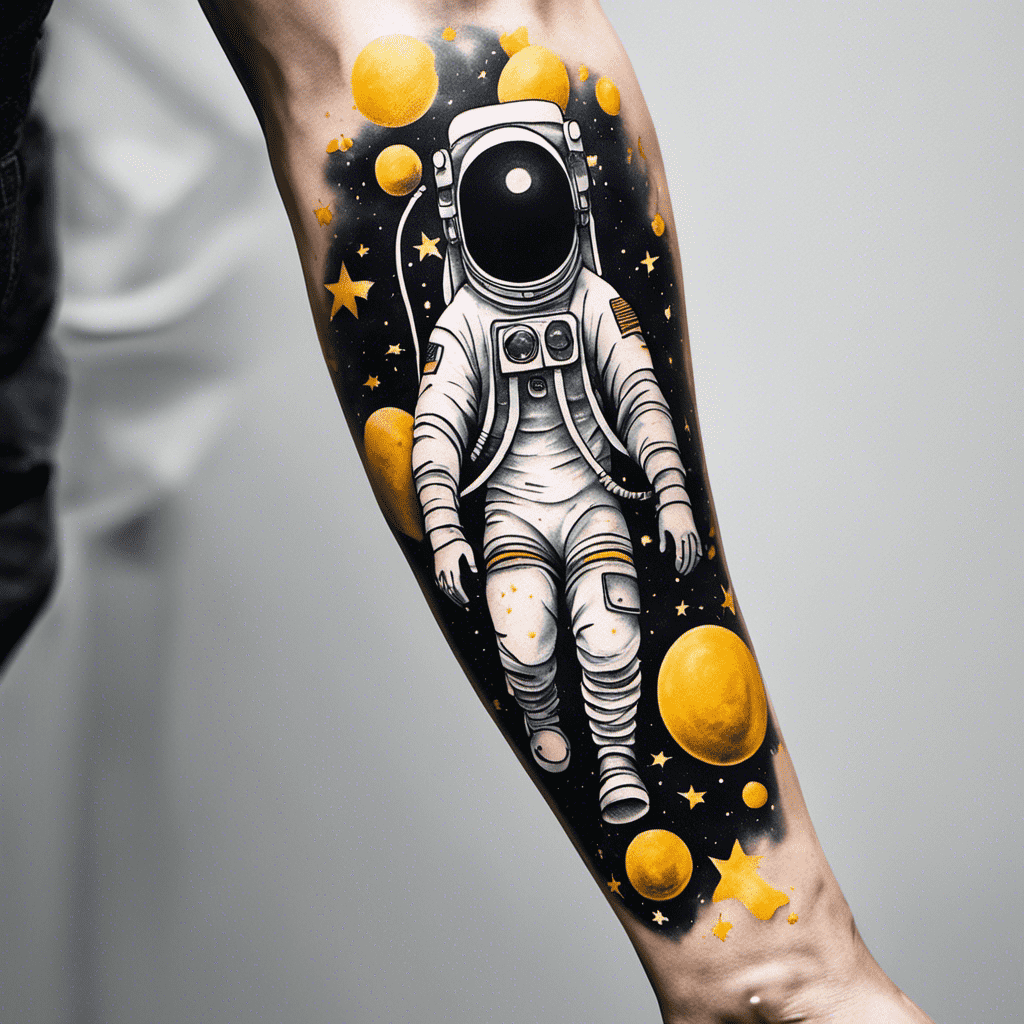 An astronaut surrounded by planets and stars tattooed on a person's arm.
