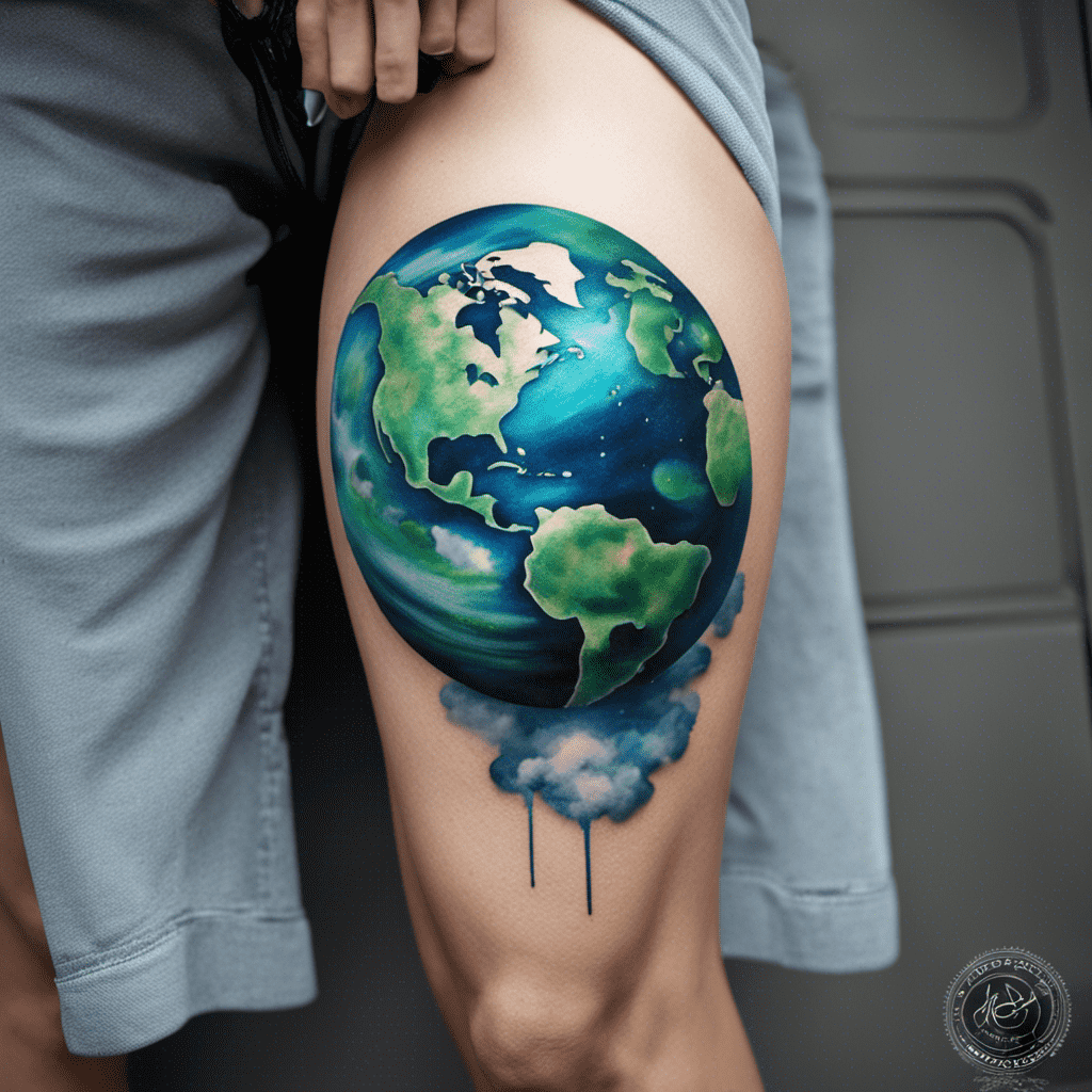 Alt text: A vibrant and detailed tattoo of the Earth depicted on someone's thigh, with a realistic appearance of continents and oceans surrounded by swirling clouds.