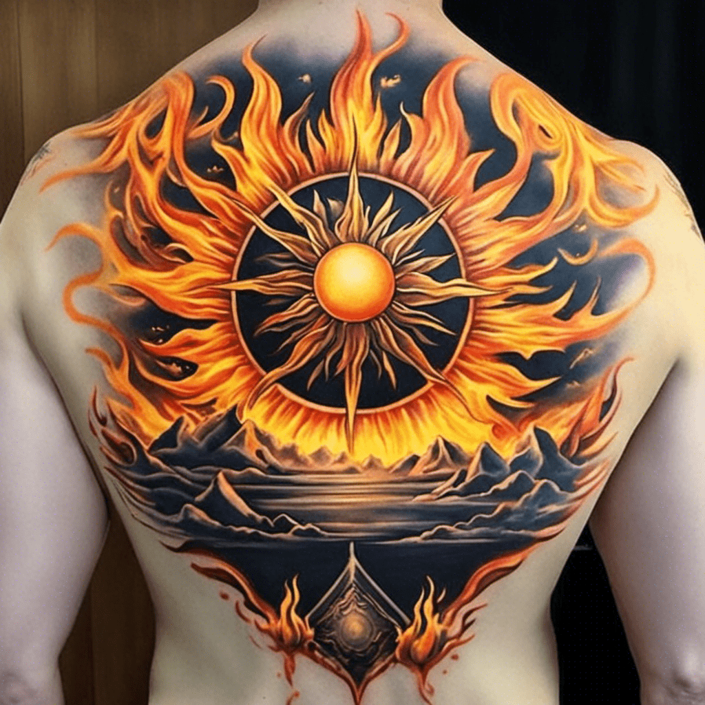 A vibrant back tattoo featuring a sun design with flames and ocean waves, done in shades of orange, yellow, and blue.