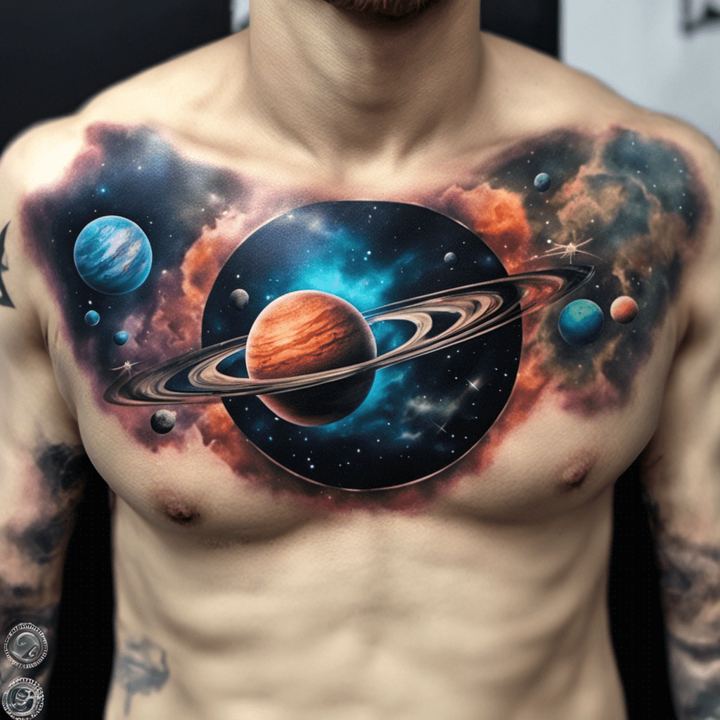 Alt text: A vibrant chest tattoo of a colorful space scene with planets, rings, and stars on a person's torso.