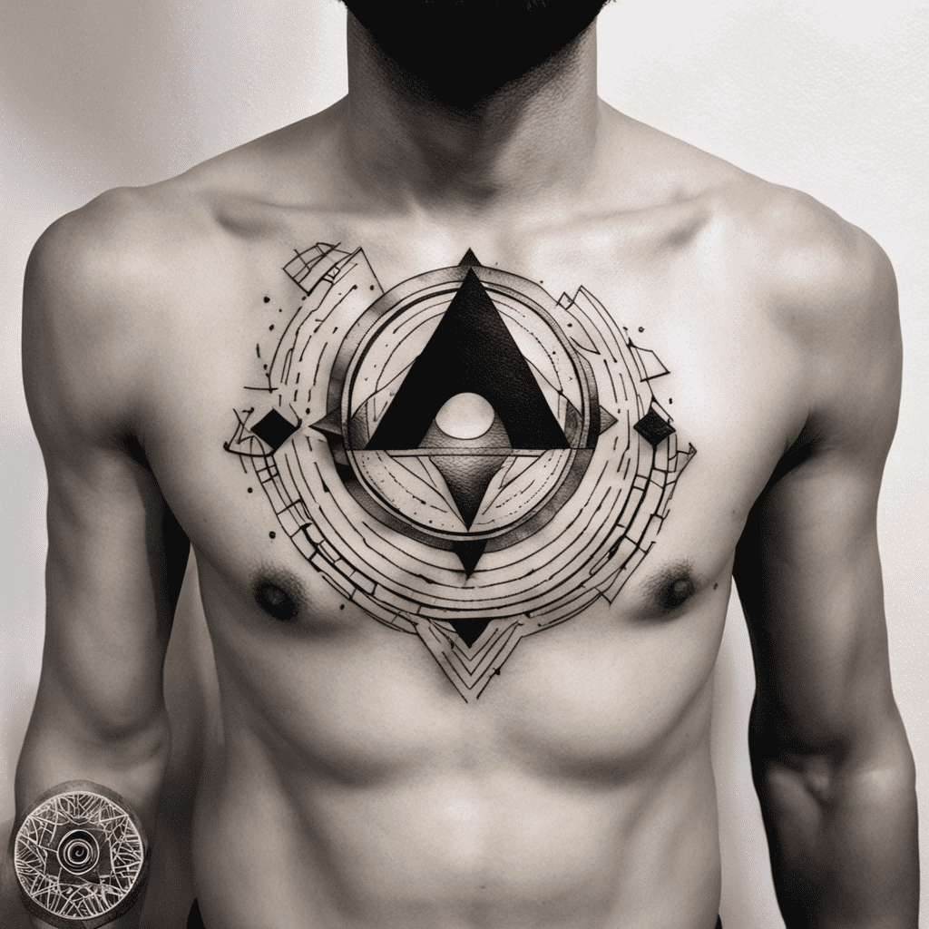 A shirtless person with a large geometric tattoo on the chest, featuring a central triangle and multiple concentric circles with intricate line patterns.