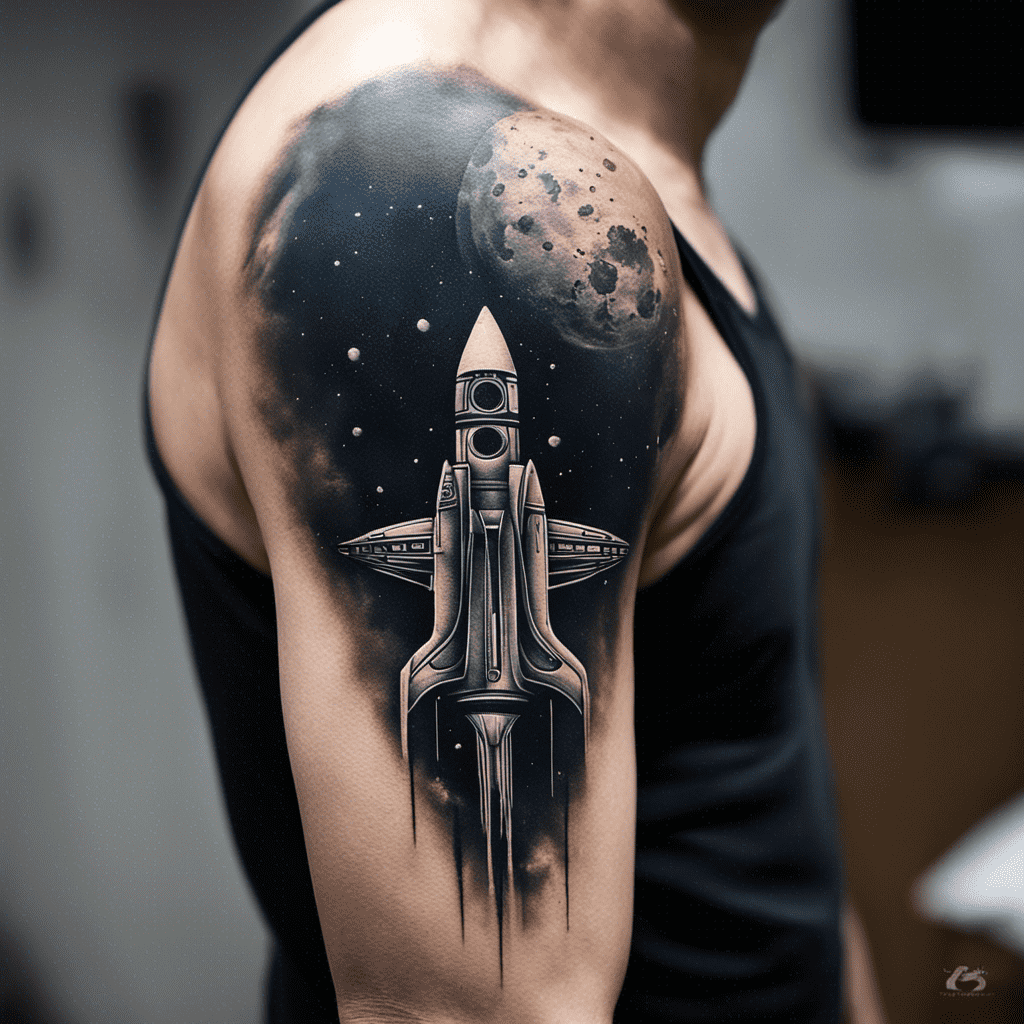 Alt text: A detailed black and grey tattoo of a space shuttle launching towards a stylized moon among stars, inked on someone's upper arm.