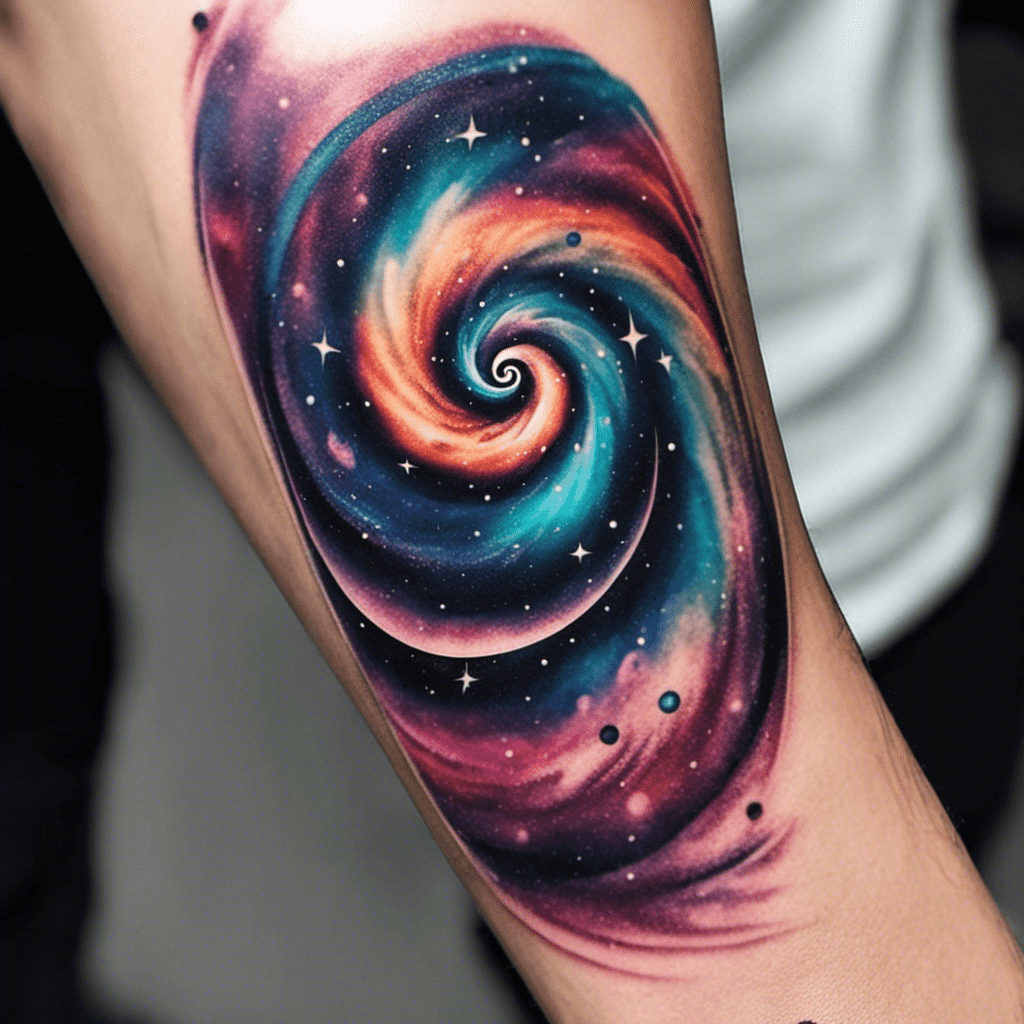 A colorful galaxy-themed tattoo with a swirling nebula and stars on someone's arm.