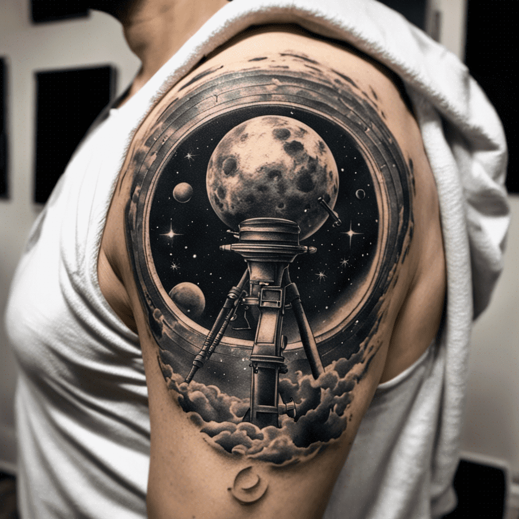 Alt-text: A photo of a person's upper arm showcasing a detailed black and grey tattoo featuring a telescope with celestial bodies, stars, and clouds within a circular frame reminiscent of an astronomical observatory's view.