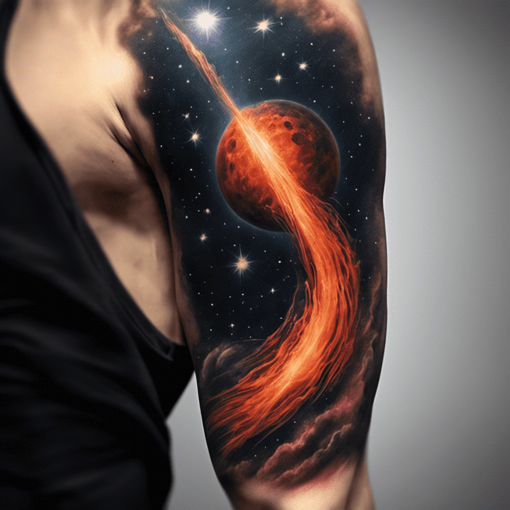 A person's arm with a colorful space-themed tattoo, featuring a fiery comet, stars, and planets against a dark cosmic background.