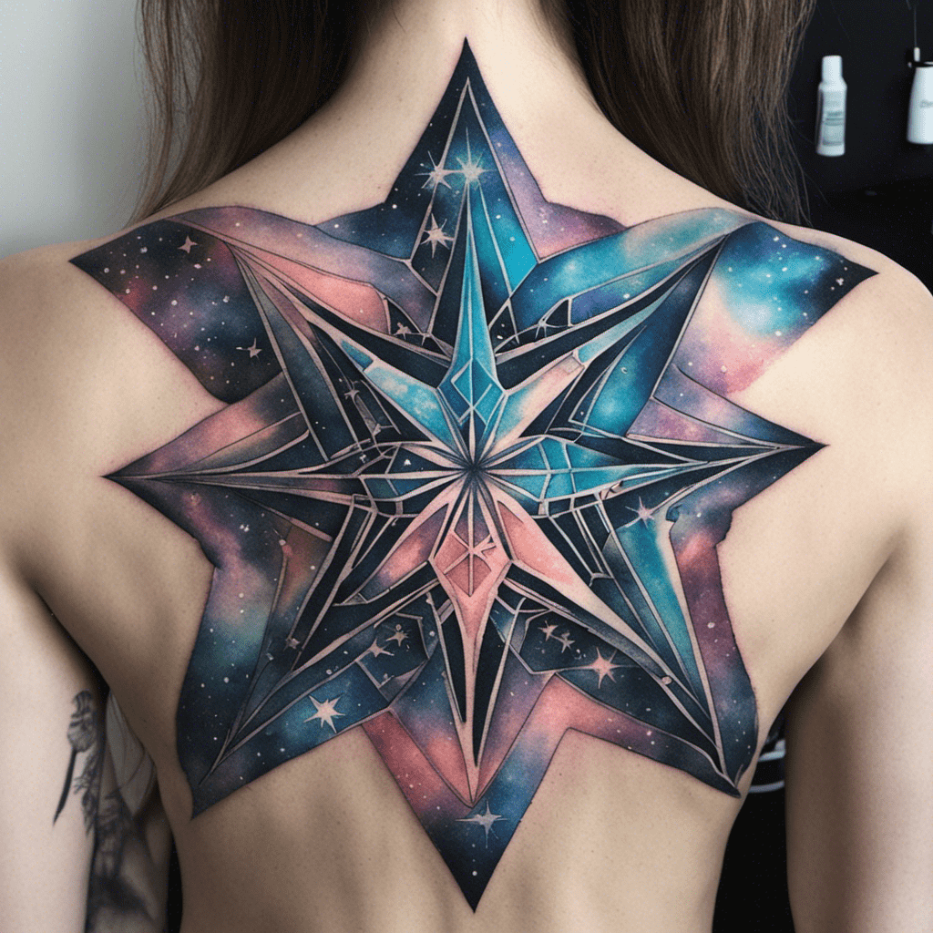 A detailed cosmic star tattoo covering the upper back of a person with a galaxy and stardust design within the star shape.