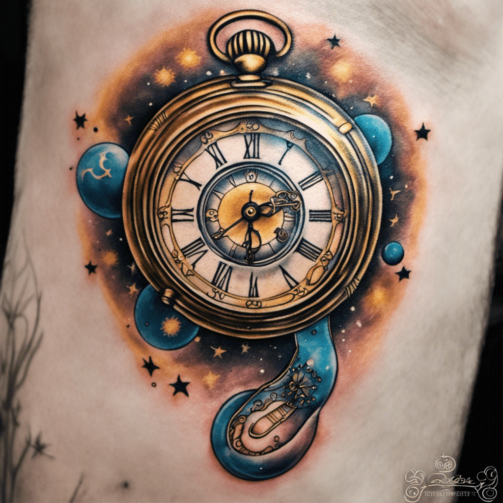 A highly detailed tattoo of a pocket watch with Roman numerals, surrounded by a cosmic scene with planets, stars, and nebula-like colors on skin.