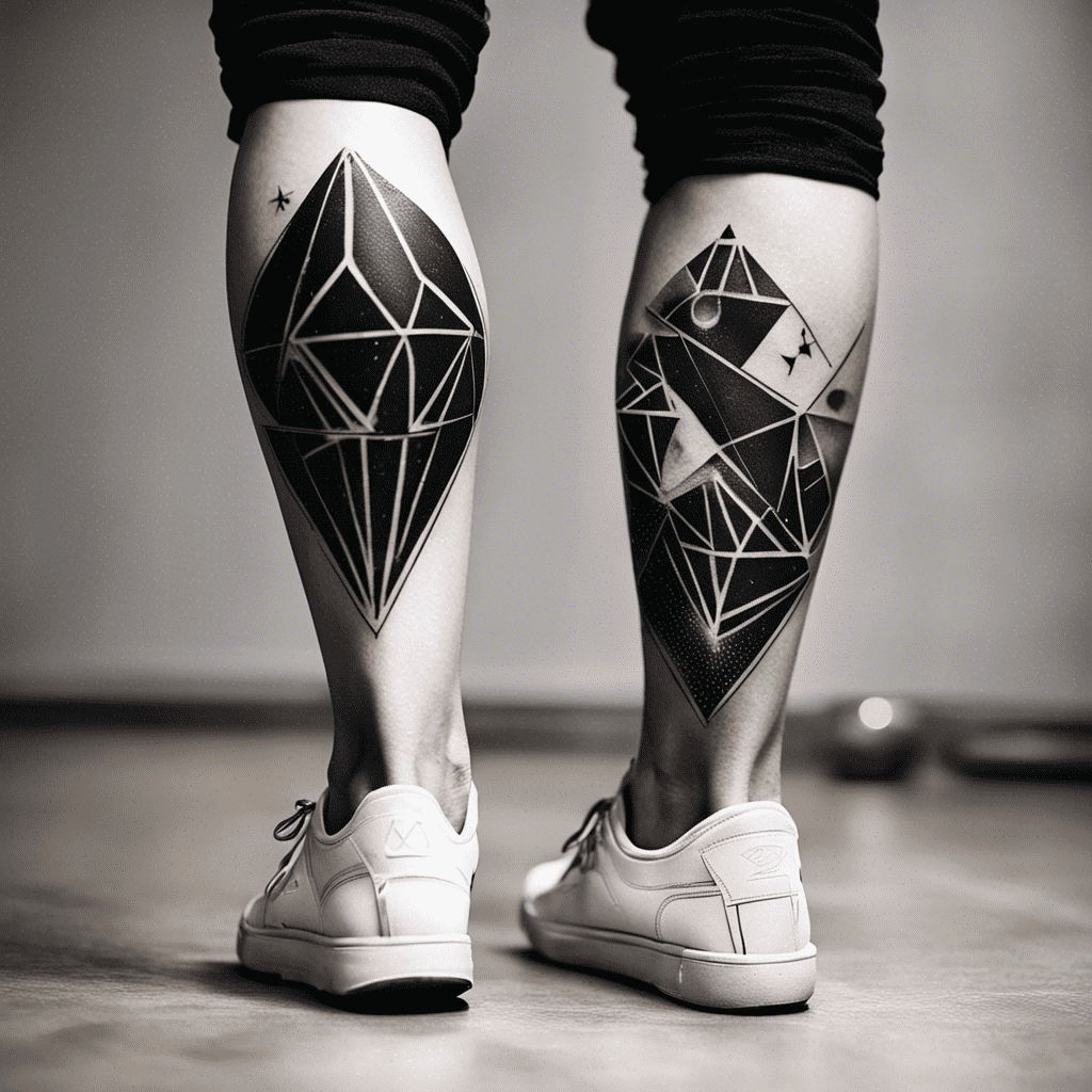 A black and white photo of a person's lower legs showing geometric tattoos on the calves, wearing white sneakers.