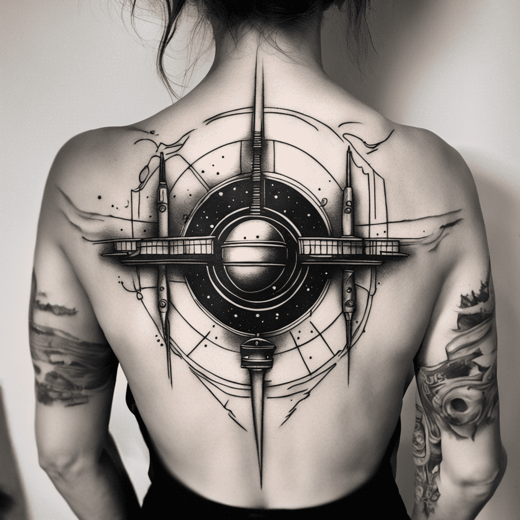 A black and white image of a person's back with a detailed tattoo depicting a symmetrical design with a circular center, possibly representing a stylized compass or futuristic landscape, flanked by architectural elements and cosmic motifs.