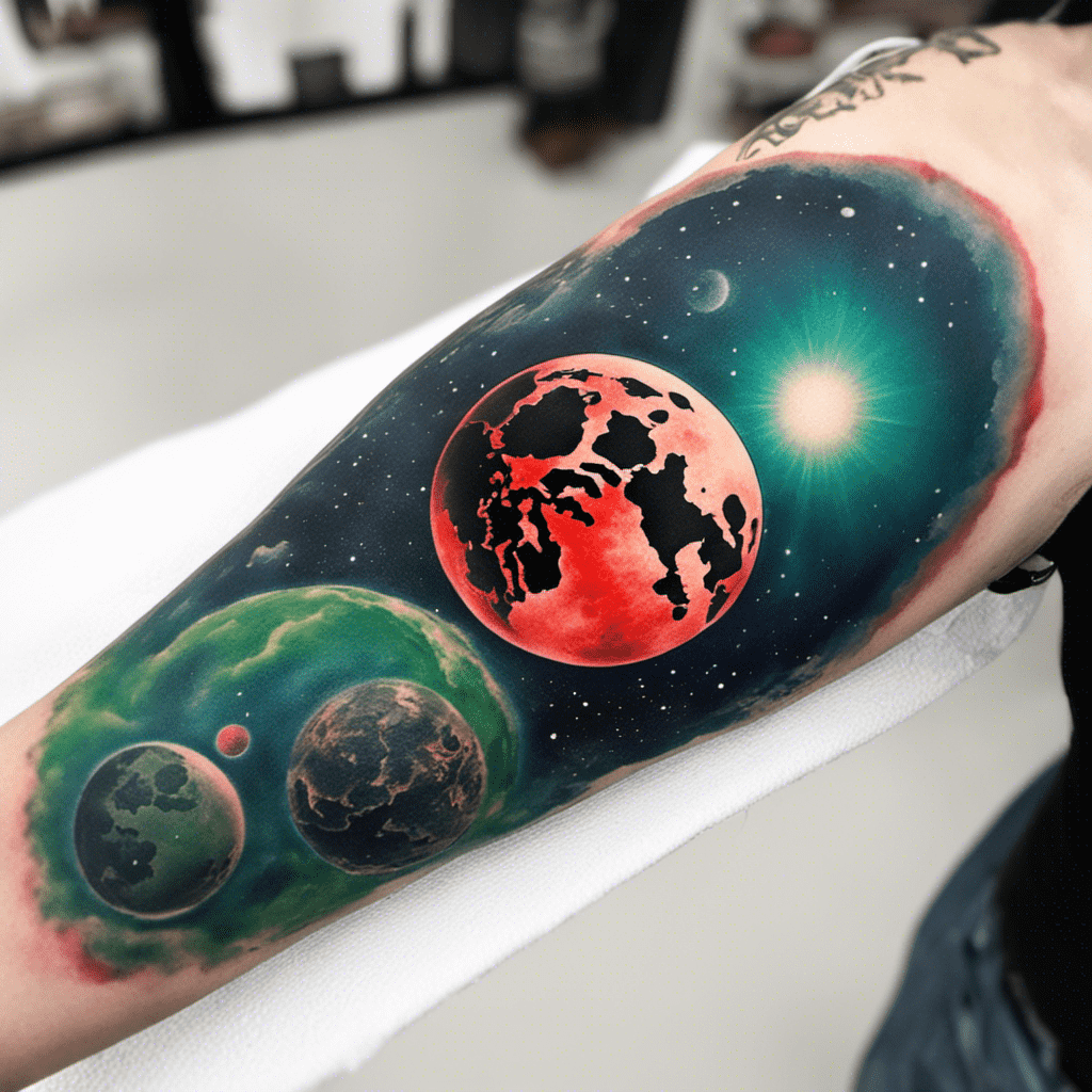 A vibrant tattoo on a person's forearm depicting a cosmic scene with planets, stars, and a bright luminous effect, showcasing space-themed body art.