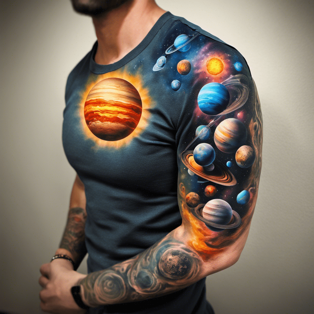 A person with a vibrant space-themed tattoo covering their arm.