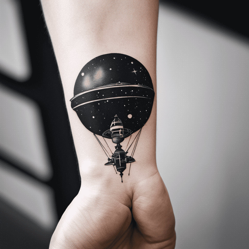 A tattoo of a hot air balloon resembling a planet with stars, emblazoned on a person's arm.